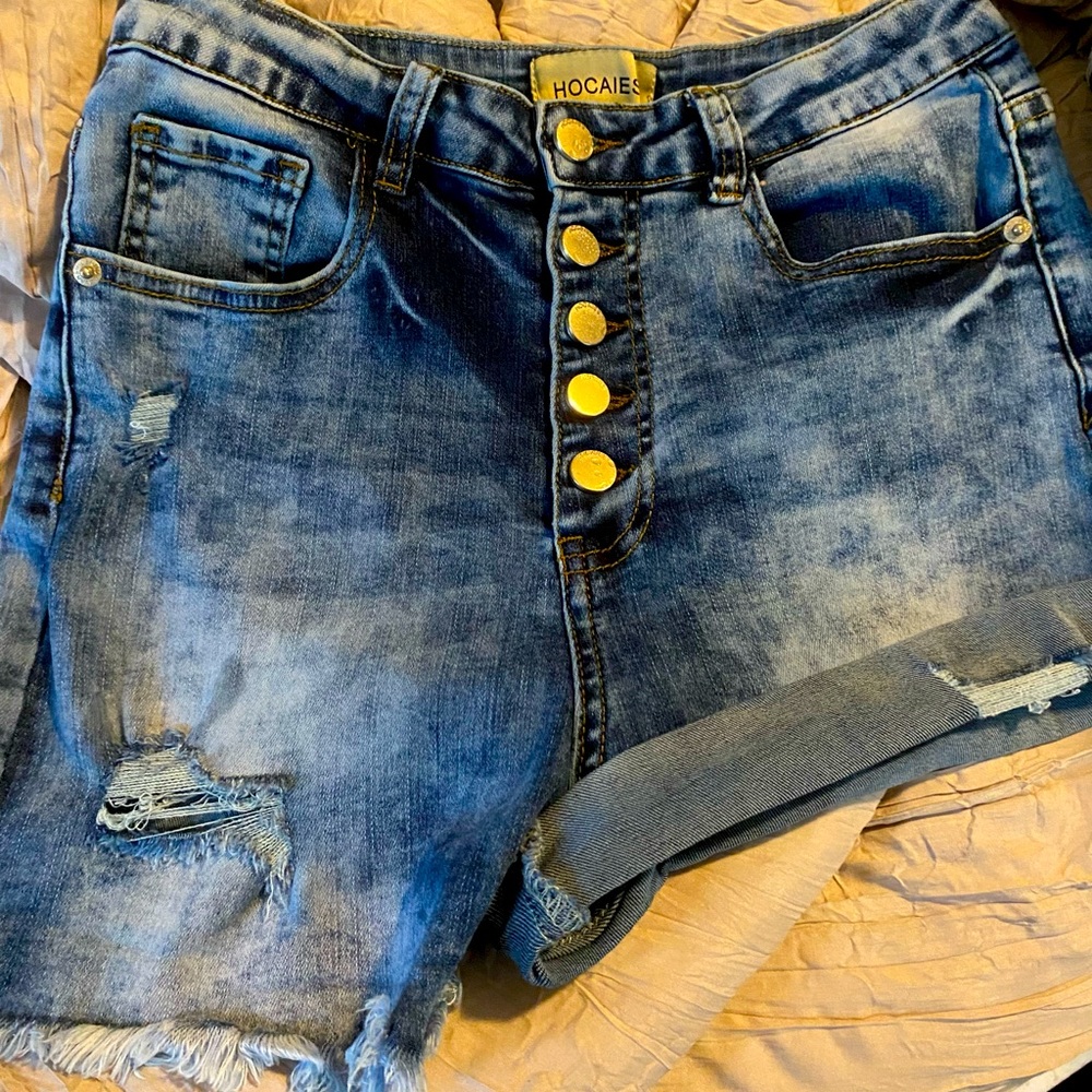 Denim Button-fly shorts~ knee length or make short.